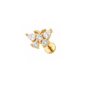 May include: A gold-toned butterfly-shaped stud earring featuring five clear, faceted stones. The design includes two pear-shaped stones for the upper wings, two round stones for the lower wings, and one central round stone, attached to a flat back post.