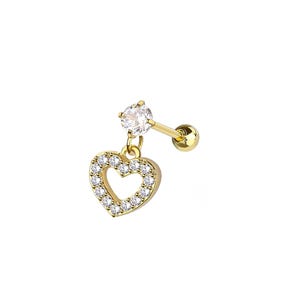 Heart Dangle Cartilage Barbell Earring - CZ Labret Stud - Conch, Helix, Tragus Piercings - Dainty Dangle Cartilage - Heart Dangle Earring