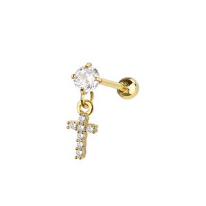 May include: A gold-colored earring with a dangling cross pendant. The earring features a clear, round gemstone at the top and a cross adorned with smaller clear gemstones. The earring is designed for a single ear piercing.