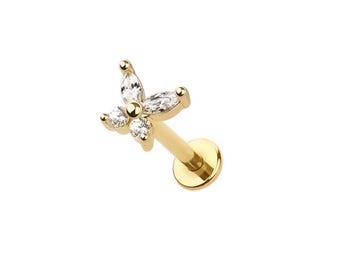 Micro Butterfly Labret Earring– 316L Surgical Steel Push-In Flat Back Stud – Dainty Cartilage, Helix, Tragus  - Internally Threaded