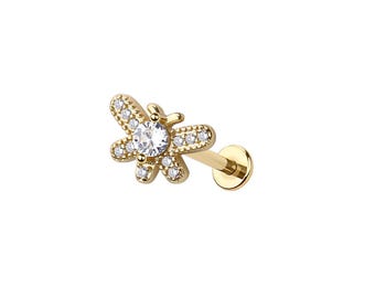 Micro Butterfly Threadless Labret – 316L Surgical Steel Push-In Flat Back Stud – Dainty Cartilage, Helix, Tragus, Lip Piercing Jewelry