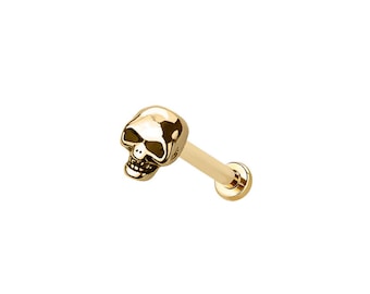 Micro Skull Threadless Labret – 316L Surgical Steel Push-In Flat Back Stud – Cartilage, Helix, Tragus - Gothic Earring - Halloween Jewelry