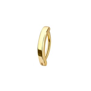 May include: A curved, gold-coloured belly button ring. The jewellery has a smooth, polished surface and a simple, elegant design. The ring is curved with a flat top and a rounded bottom.