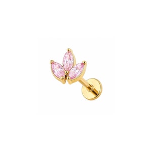 Micro Pink Marquise Leaf Threadless Labret Earring– Titanium Implant Grade ASTM F136 - Push In Flat Back Stud– Cartilage, Helix, Tragus