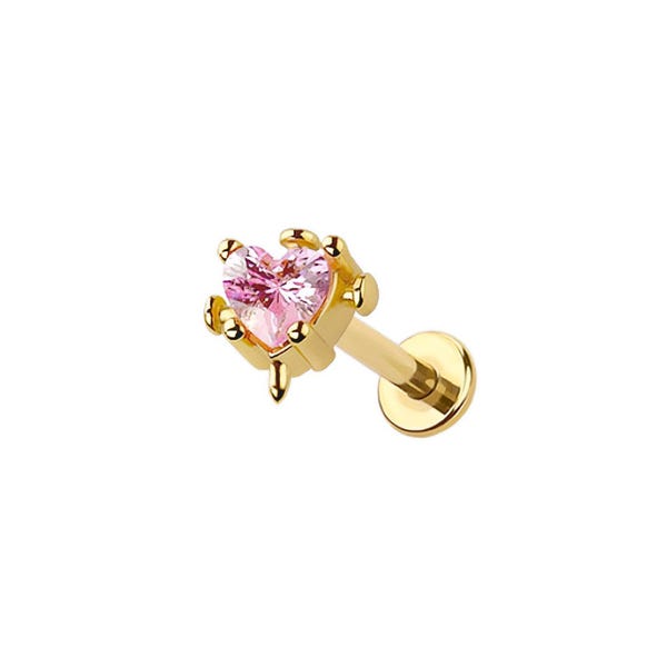 Micro Heart Threadless Labret – Titanium Implant Grade ASTM F136 - PushIn Flat Back Stud – Dainty Cartilage, Helix, Tragus - Pink Heart Stud
