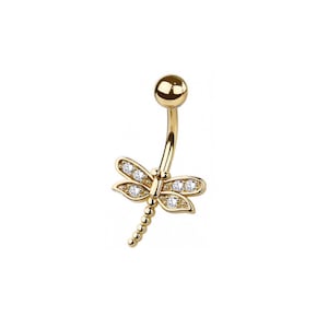 Dainty Dragonfly Belly Button Ring - Dangle Belly Ring - CZ Stones - 316L Surgical Steel Navel Piercing - 14GA /10MM