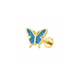Può includere: Un orecchino a lobo color oro con retro piatto e un ciondolo a forma di farfalla. Le ali della farfalla sono riempite con un inserto di glitter blu vibrante e testurizzato. Il pezzo include un sottile perno metallico e una chiusura circolare.