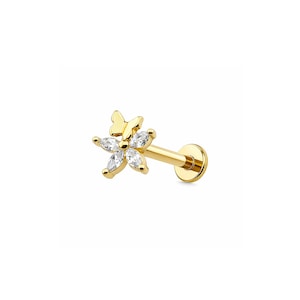 May include: A gold-colored, flat-back earring with a flower and butterfly design. The flower has five clear, marquise-cut stones. The butterfly is positioned above the flower. The earring is designed for a piercing.