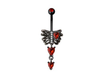 Gothic Skeleton Heart Belly Button Ring - Dangle Belly Ring - CZ Stones - 316L Surgical Steel Navel Piercing - 14GA /10MM