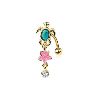 May include: A gold-colored belly button ring featuring a turtle with a turquoise stone, a pink flower, and a dangling clear gem. The curved barbell design has a small gold ball on one end.
