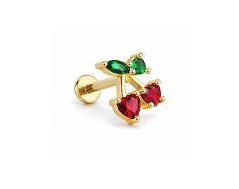 Micro Cherry Threadless Labret – 316L Surgical Steel Push-In Flat Back Stud – Dainty Cartilage, Helix, Tragus - Cherry Earring Stud