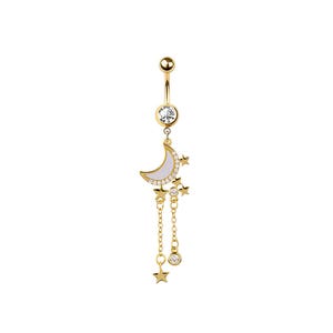 Crescent Moon & Stars Belly Button Ring - Celestial Dangle Belly Ring - CZ Stones/Opal  - 316L Surgical Steel - 14GA /10MM