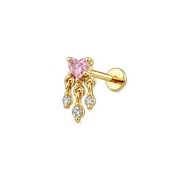 Micro Heart Dangle Threadless Labret Earring– 316L Surgical Steel Push-In Flat Back Stud – Dainty Cartilage, Helix, Tragus - Dangle Earring
