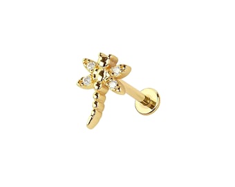 Micro Dragonfly Threadless Labret – 316L Surgical Steel Push-In Flat Back Stud – Dainty Cartilage, Helix, Tragus