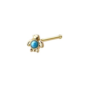 Op de afbeelding: Een goudkleurige neusstud met een schildpadontwerp. De schildpad heeft een turquoisekleurige middensteen. De stud is ontworpen om in het neusgat te worden gedragen. De sieraden zijn tegen een witte achtergrond geplaatst.