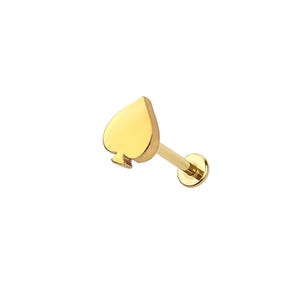 May include: A gold-colored stud earring featuring a spade design. The earring has a flat back and a post for piercing. The spade shape is smooth and polished, with a small notch at the base. The earring is likely made of gold or a gold-colored metal.