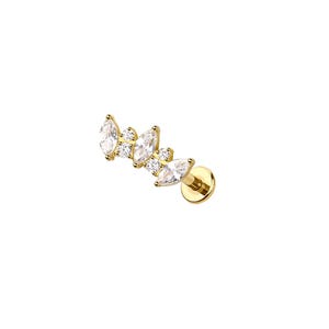 May include: A gold-colored ear stud featuring a curved design of clear, marquise-cut and round-cut gemstones. The stud has a flat, circular backing for secure wear. The gemstones are set in a delicate, linear arrangement.