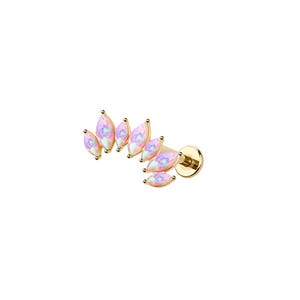 May include: A gold-colored stud earring featuring a cluster of marquise-cut, iridescent opal stones. The stones are arranged in a curved, fan-like pattern, with a small gold ball at the tip of each stone. The earring has a flat back.