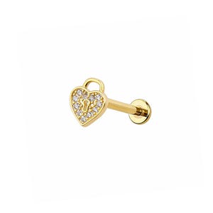 May include: A gold-colored, heart-shaped earring with a keyhole design. The heart is encrusted with small, clear gemstones. The earring has a post and backing for secure wear.