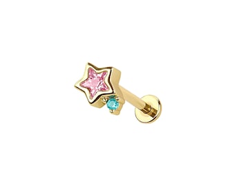 Micro Star Threadless Labret – 316L chirurgisch staal push-in platte achterkant – sierlijk kraakbeen, helix, tragus