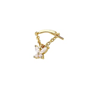May include: A gold-colored ear cuff featuring a dangling butterfly charm. The butterfly is adorned with clear, sparkling gemstones. The cuff has a chain that connects the butterfly to the curved bar that fits around the ear.