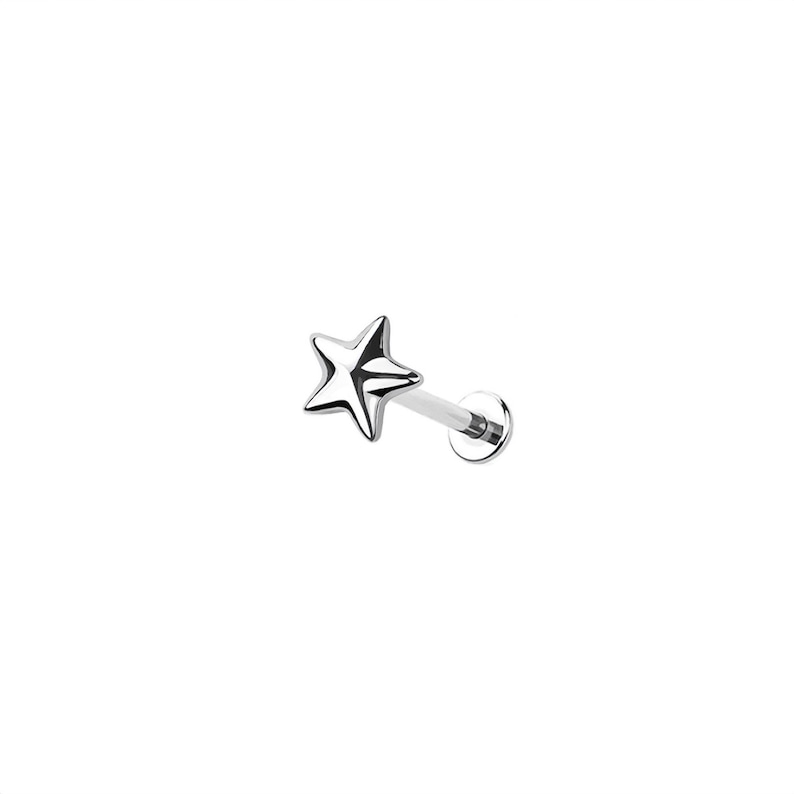 Op de afbeelding: Een zilverkleurige lip piercing in de vorm van een ster met een platte achterkant en een transparante staaf. De ster heeft vijf punten en een gepolijst, reflecterend oppervlak. De piercing is ontworpen voor lichaamsmodificatie.