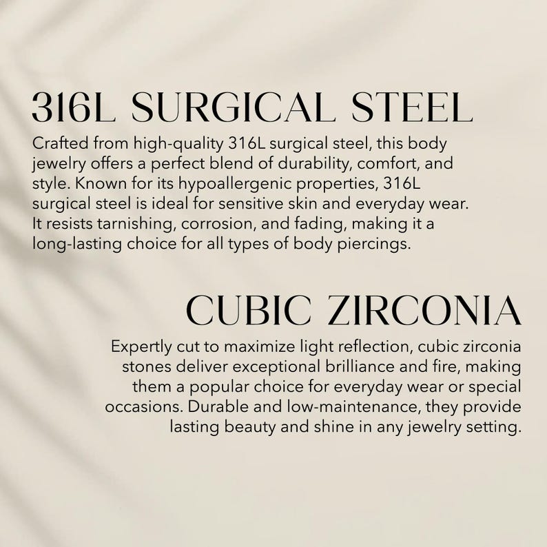May include: A beige informational graphic featuring black text. The top section is titled 316L SURGICAL STEEL, followed by a description of its properties. The bottom section is titled CUBIC ZIRCONIA, followed by a description of its features.
