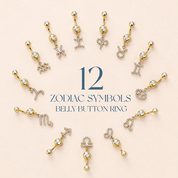 Zodiac Horoscope Dangle Belly Button Ring - Astrology Dangle Navel Ring  - 316L Surgical Steel Navel Piercing - 14GA /10MM