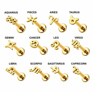 Micro Zodiac Horoscope Labret Earring– 316L Surgical Steel – Dainty Cartilage, Helix, Tragus - Internally Threaded - 16GA image 3