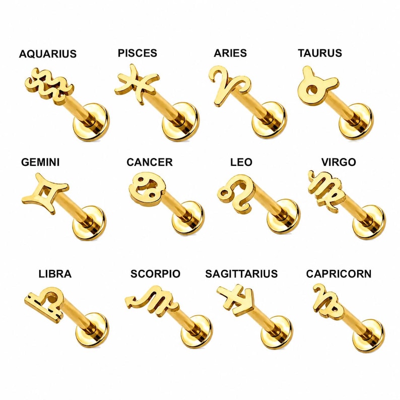 Micro Zodiac Horoscope Labret Earring– 316L Surgical Steel – Dainty Cartilage, Helix, Tragus - Internally Threaded - 16GA image 3