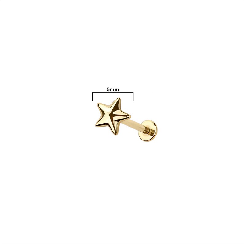Op de afbeelding: Een goudkleurige oorbel in de vorm van een ster. De ster meet 5 mm breed. De oorbel heeft een platte achterkant en een pin voor inbrengen in een piercing. De oorbel is ontworpen om in de oor of andere lichaamspiercings te worden gedragen.