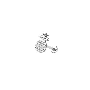 May include: A silver-colored, pineapple-shaped earring with a flat back and post. The pineapple body is covered in small, clear crystals. The earring is designed for a piercing.