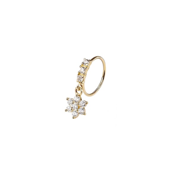 14K Flower Dangle Nose Ring – 14 Karat Gold – Cute Nose Hoop - Gold Dainty Nose Piercing Jewelry - Helix Piercing - Gold Nose Piercing