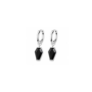 May include: A pair of silver-toned hoop earrings, each featuring a dangling black coffin-shaped charm. The charms are faceted with a smooth, polished finish, suspended from circular metal hoops that provide a secure closure for these earrings.