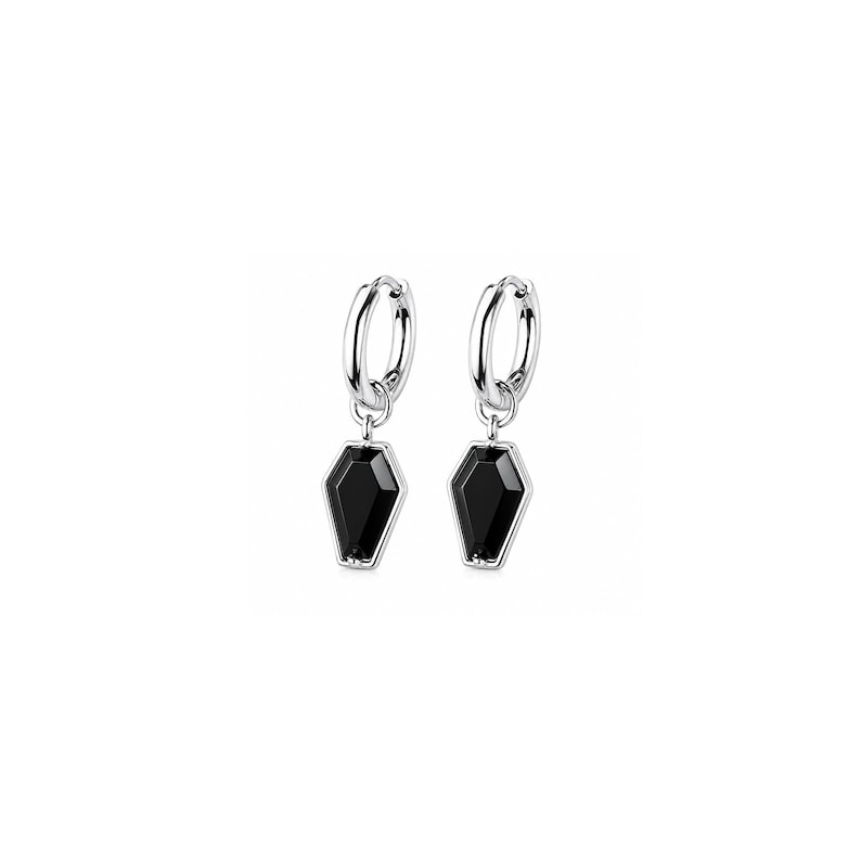 May include: A pair of silver-toned hoop earrings, each featuring a dangling black coffin-shaped charm. The charms are faceted with a smooth, polished finish, suspended from circular metal hoops that provide a secure closure for these earrings.
