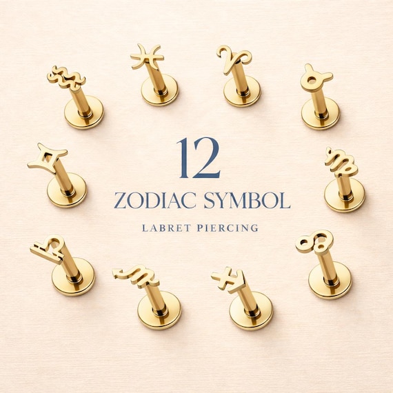 Micro Zodiac Horoscope Labret Earring– 316L Surgical Steel – Dainty Cartilage, Helix, Tragus - Internally Threaded - 16GA