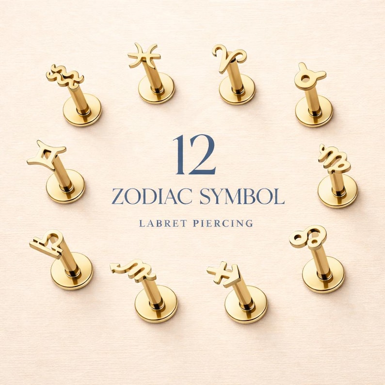 Micro Zodiac Horoscope Labret Earring– 316L Surgical Steel – Dainty Cartilage, Helix, Tragus - Internally Threaded - 16GA image 1