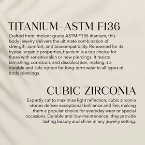 May include: Text on a light beige background reads "TITANIUM-ASTM F136" and "CUBIC ZIRCONIA". The text describes the properties of titanium body jewelry and cubic zirconia stones, highlighting their durability and hypoallergenic qualities.