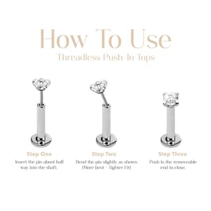 May include: Diagram illustrating the use of threadless push-in tops. The image shows three steps: inserting the pin, bending the pin, and pushing the end to close. Text reads "How To Use Threadless Push-In Tops."