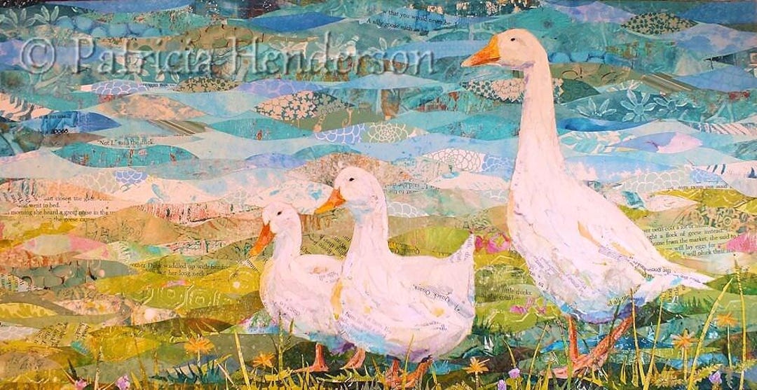 DUCK, DUCK, GOOSE Original Paper Collage Painting 12 X 24