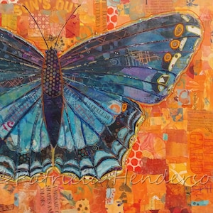 BIG BLUE BUTTERFLY Original Paper Collage Painting 16 X 20 X 1.5&quot; on canvas
