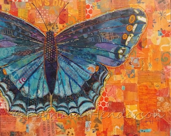 BIG BLUE BUTTERFLY Original Paper Collage Painting 16 X 20 X 1.5" on canvas