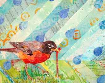 THE EARLY BIRD Original Torn Paper Collage 12 X 12" on Canvas