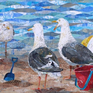 EIN TAG am STRAND Original Papiercollage MÖWE 40 x 50 cm auf Galerie-Leinwand