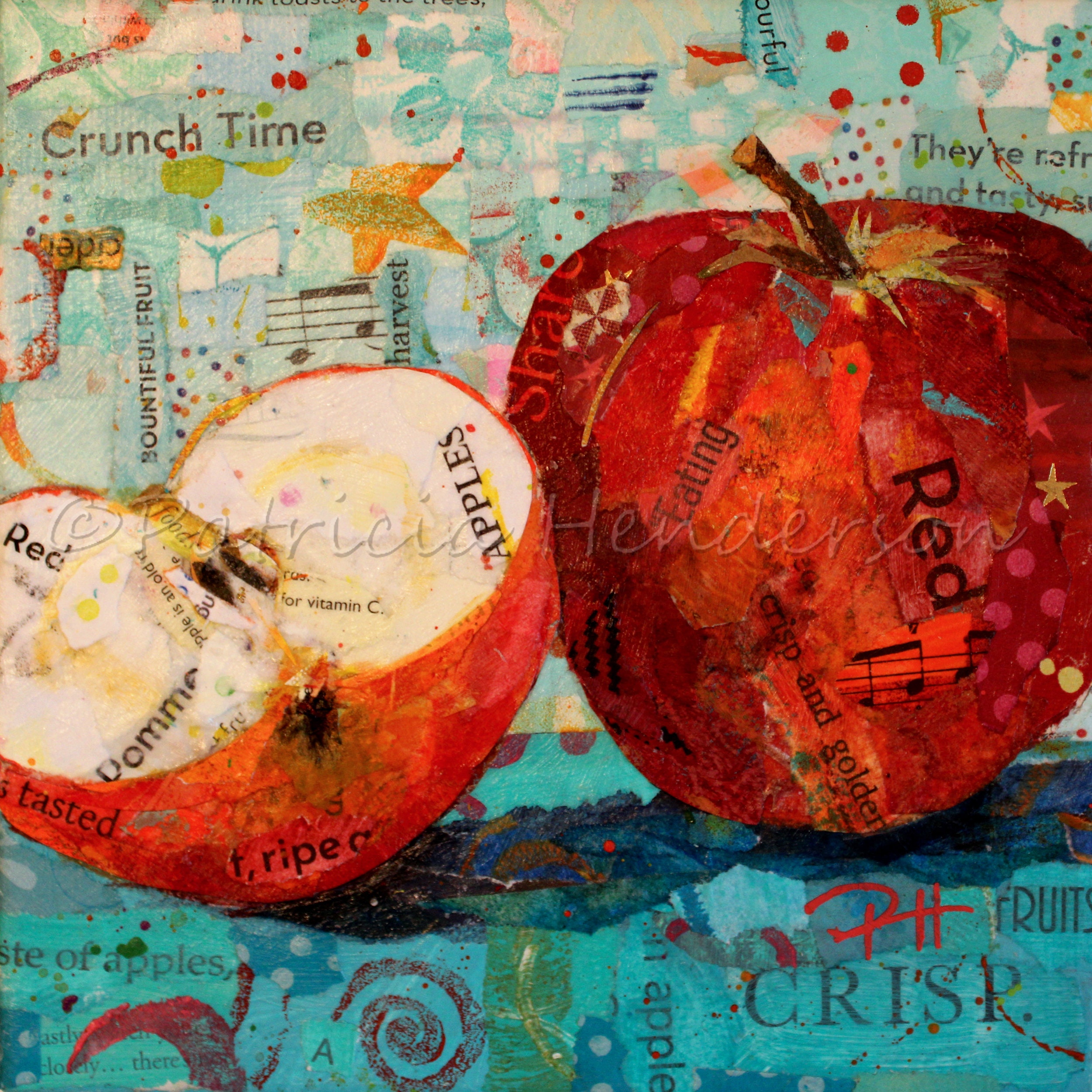 CRUNCH TIME Original Paper Collage APPLE Painting 6 X 6