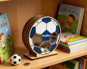 Hucha personalizada con forma de balón de fútbol, caja de dinero con nombre personalizado, decoración infantil de madera y acrílico con temática deportiva, hucha transparente para niños.