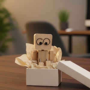 May include: A wooden robot toy with a square head and a body made of small wooden blocks. The robot has black wire eyes and is sitting inside a small, open, off-white box with crumpled brown paper.
