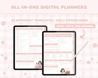 May include: Two digital planners with pink and white layouts, featuring daily schedules and to-do lists. The text reads "ALL-IN-ONE DIGITAL PLANNERS" and "20 DIFFERENT TEMPLATES - FULLY HYPERLINKED". A stylus points to the planner. The background is a pink gingham pattern.