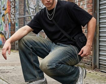 Baggy Wide Leg Jeans Men – Vintage Washed Denim Pants, Loose Fit Streetwear, Distressed Blue Jeans, Y2K Style, Skater Pants