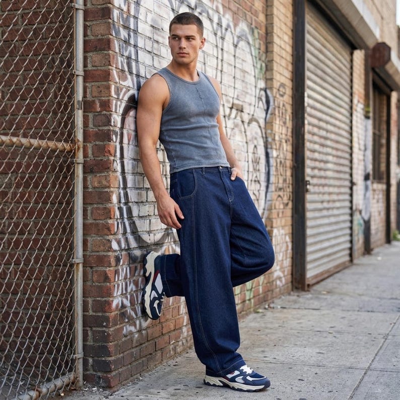 May include: A person wearing a gray tank top, dark blue jeans, and sneakers, leaning against a brick wall with graffiti. The jeans are loose-fitting. The sneakers are white, navy, and red.